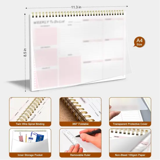Weekly To Do List Notepad - 52 Undated Sheets Weekly Planner A4 Size（8.5"&times;11"）Spiral Desk Checklist Notebook with Ruler Storage Pocket Perfect for Office Home School Teacher Supplies - Pink {3}