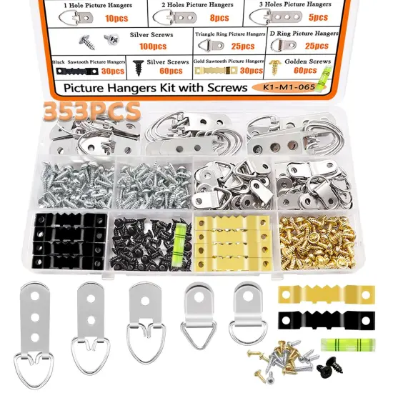 353PCS Picture Hanging Kit with Screws, Saw-tooth, D Ring Picture Hangers Assortment, Picture Hanging Hardware Tool for Frame Hanging - 7 Models {2}
