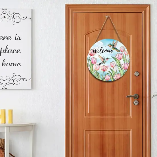 Welcome Spring Summer Pink Tulip Flowers Door Sign For Front Door Decor,Hummingbird Birds Wooden Sign 12"x 12" Round Seasonal Hanging Door Sign Decoration for Rustic Decor {5}