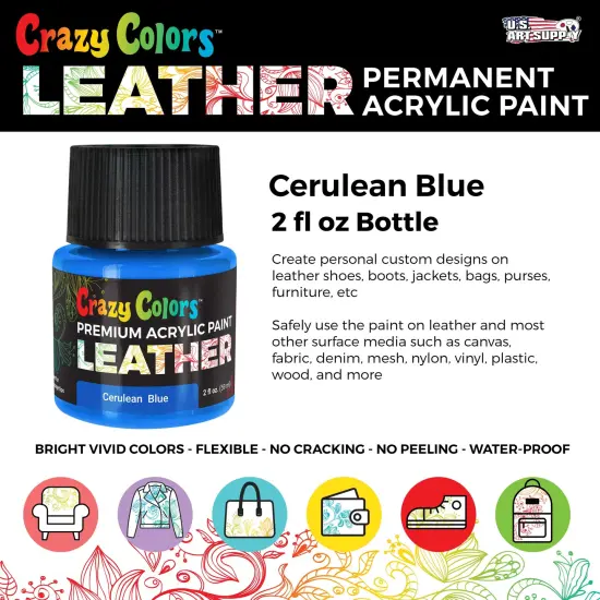 Cerulean Blue Premium Acrylic Leather and Shoe Paint, 2 oz Bottle - Flexible, Crack, Scratch, Peel Resistant - Artist Create Custom Sneakers, Jackets, Bags, Purses, Furniture Artwork {2}