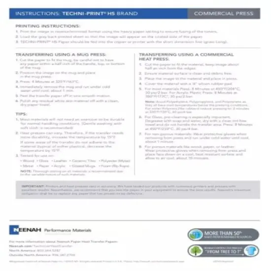 NEENAH TECHNIPRINT HS (Hard Surfaces) LASER TRANSFER PAPER 100 SHEETS 8.5"X11" {4}