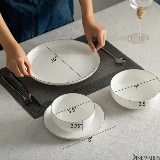 Perlaceo Luxurious Collection of White with Gold Rim Bone China Dinnerware Set - Lightweight and Durable - Service for 4 or 8, Including Dinner Plates, Salad Plates, and Cereal or Soup Bowls {3}