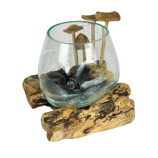 Handcrafted Glass Vase with Teak Driftwood and Wood Mushroom Embellishments Brown {7}