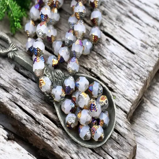 *15* 6x8mm Milky Crystal Opaline Metallic Volcano Oval Cathedral Beads {1}