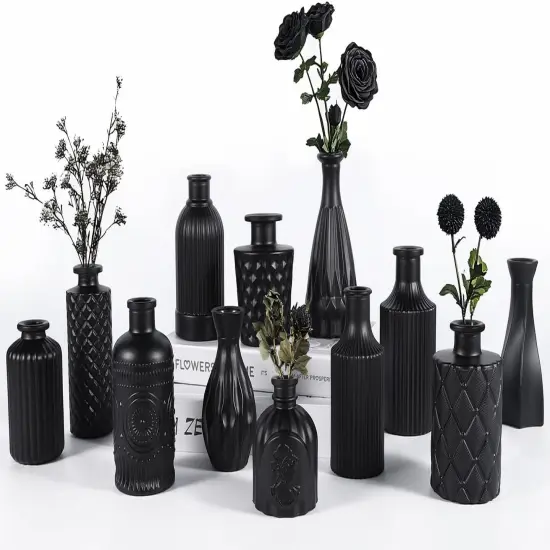 12pcs Glass Bud Vases Set - Mini Vintage Vases for Flowers Black {1}