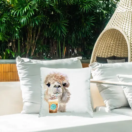 Alpaca Sipping Latte Design by Jennifer Redstreake Outdoor Printed Pillow  {2}