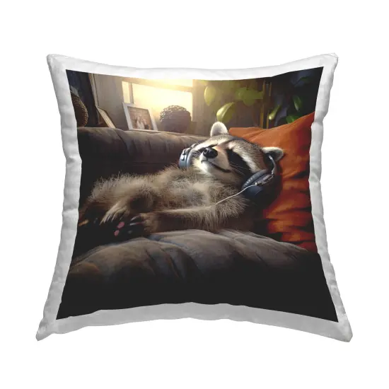 Raccoon & Relaxing Music Design by Jim Baldwin Throw Pillow {1}