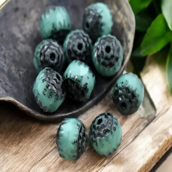Black Washed Opaque Turquoise Fire Polished Cathedral Beads {5}