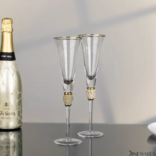 Elegant Crystal Set Wedding Champagne Glasses with Diamond Rhinestone Accents and a Polished Rim - 11 in Tall with Slender Long Stems, 7 oz - Chic Toasting Set for the Bride and Groom {9}