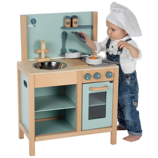 Label Label: Wooden Kitchen Play Set - Green - Standing Appliance Toy, Cooking & Food Accessories, Storage-Oven-Sink, Pretend Play Station, Kid Age 3+ {4}