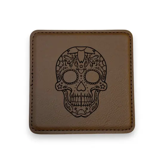 Coaster - Sugar Skull - SET OF 2 - Leather or Stitched Cork Black/Silver {2}