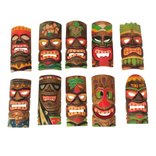 Hand Carved Wood Art Polynesian Party Hawaiian Tiki Masks 10 Piece Set 10 Inch {1}
