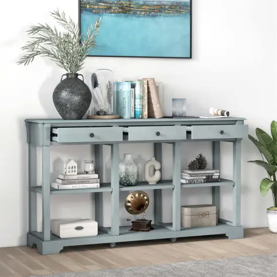 Costway 58'' Long Sofa Table with Storage Retro Console Table with 3 Drawers & Open Shelves Blue/White {2}