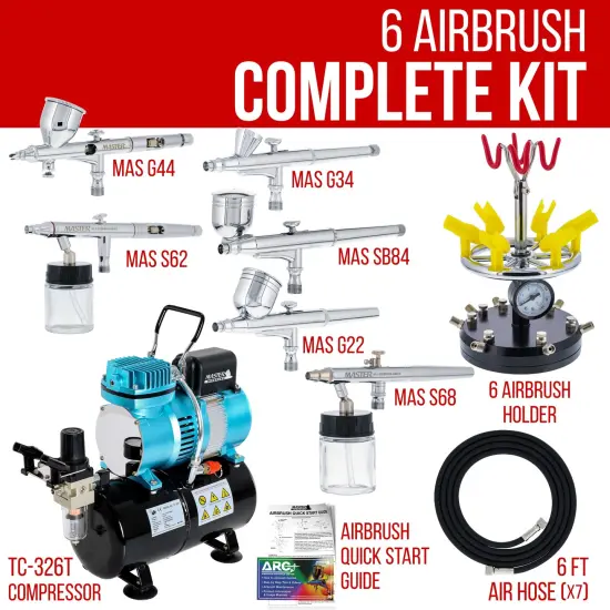 6 Master Model G22, G34 & G44 Gravity Feed, S62 & S68 Siphon Feed, S68 Side Feed Airbrushes with Air Compressor with Air Storage Tank {2}