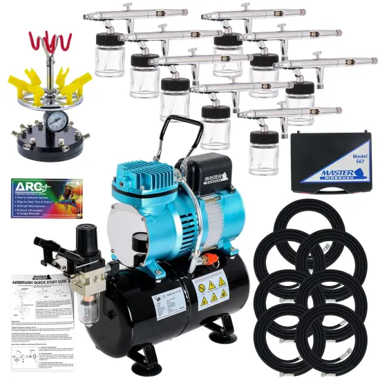 8 HI-FLOW All-Purpose Precision Dual-Action Siphon Feed Airbrushes with High Performance Airbrush Air Compressor with Air Storage Tank {1}