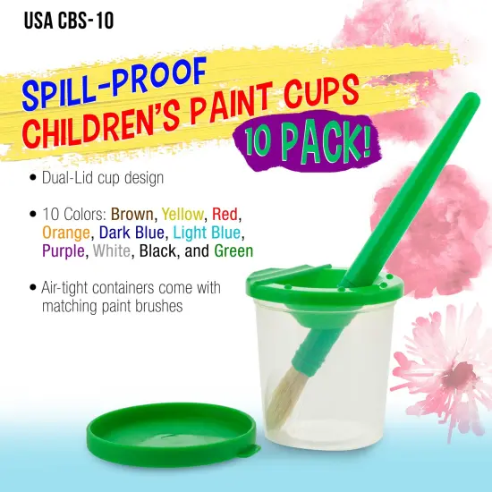 10 Piece Children's No Spill Paint Cups with Colored Lids and 10 Piece Large Round Brush Set with Plastic Handles {2}
