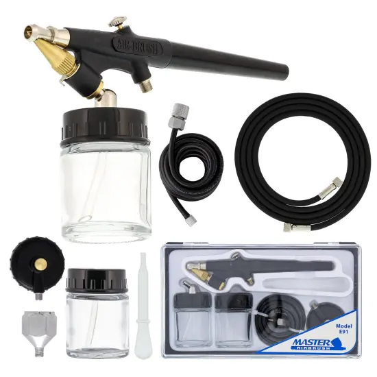Master Economy E91 Single-Action External Mix Siphon Feed Airbrush Set with 0.8 mm Tip & 1/8 in. Air Inlet (Includes 6 ft. Braided Air Hose) {1}
