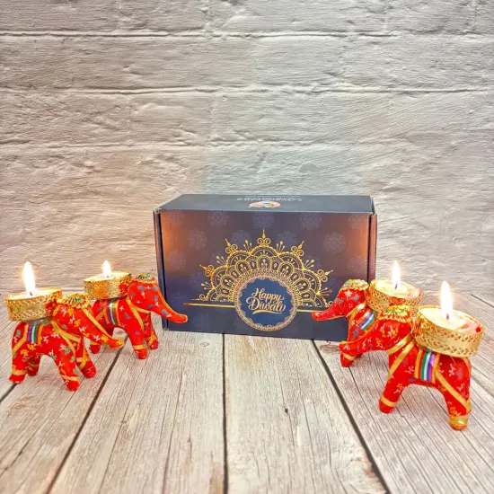 Personalized Diwali Gifts Hamper Set of 4 Elephant Tealight Candle Holder Diwali Custom Gifts Boxes Indian Festival Deepawali Hamper for Employees Home Office Friends Family - Return Gift {4}