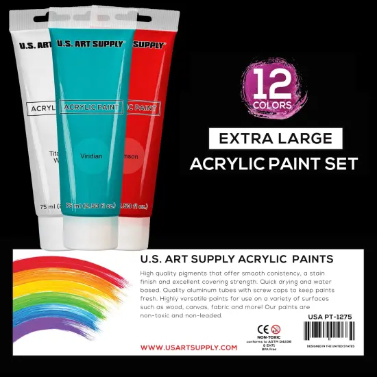 U.S. Art Supply Professional 12 Color Set of Acrylic Paint in Extra-Large 75ml Tubes - Rich Vivid Colors, Artist Painting, Students, Beginners, Adults {3}