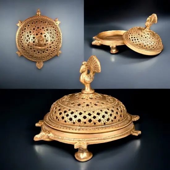 Brass Peacock Incense Dhoop Burner Aroma for Prayer Puja Meditation Spiritual Events Dhoopam for Havan Rituals - Diwali Decoration Loban Dhoop Dani for Temple Home Office (4.7x5.1 Inches) {2}