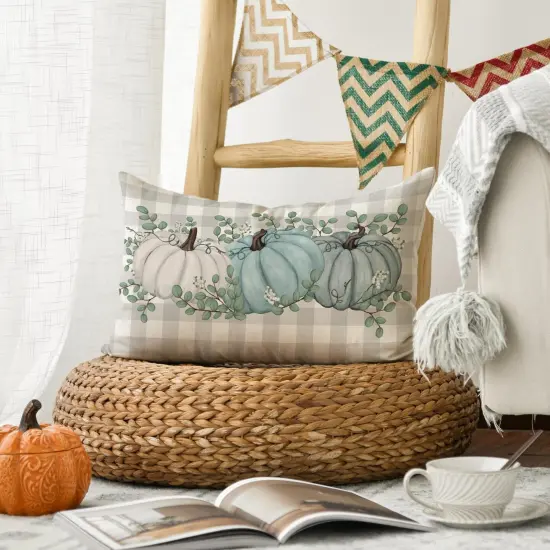 Buffalo Plaid Pumpkin Eucalyptus Leaves Throw Pillow Cover {4}
