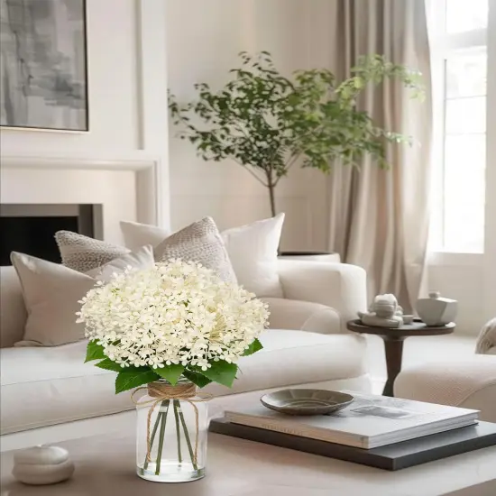 Artificial Hydrangea Flowers in Glass Vase with Faux Water, 13.8" Fake Cream Hydrangeas Arrangement Centerpiece for Home Caf&eacute; Kitchen Bathroom Decoration {4}