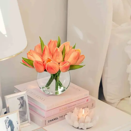 Artificial Peach Tulips in Vase with Faux Water 6" Real Touch Flowers Fake Tulips Small Flowers Arrangement in Round Glass Vase for Mother's Day Table Centerpiece Wedding Home Decor {3}