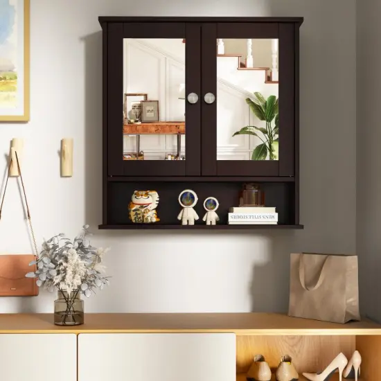 Wall Cabinet with Double Mirror Doors Adjustable Shelf Storage for Bathroom and Bedroom Brown {6}