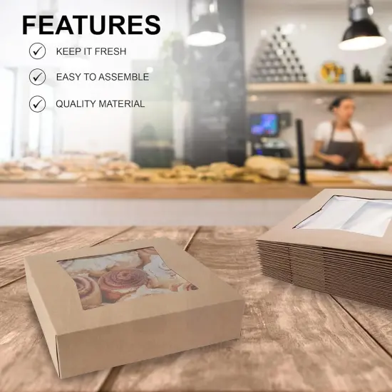 Brown Cookie Boxes 8" x 8" x 2.5" - Auto Pop-Up Bakery Boxes with Window (Pack of 25) - Made in the USA {3}