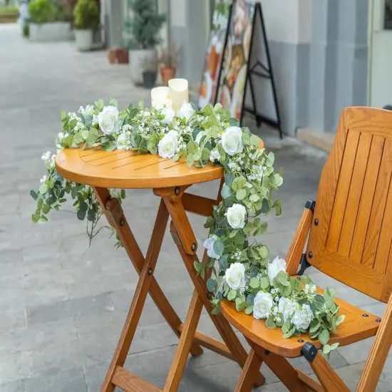 6FT Artificial Eucalyptus Garland with Flowers, 10 White Roses Baby Breath Garland Floral Greenery Garland for Wedding Party Centerpiece Table Runner Backdrop Wall Decor Decoration {5}