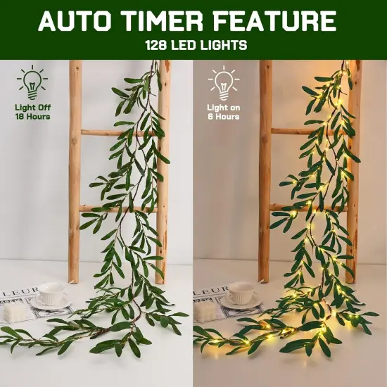Olive Garland with Lights, 6FT Lighted Mantel Decor with Timer, Artificial Spring Greenery Pre-lit Twig Decor for Mantle Fireplace Wedding Stairs {3}