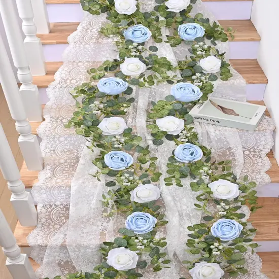 6.07FT Artificial Eucalyptus Garland with Flowers, Fake Rose Gypsophila Floral Garland, Greenery Garland Floral Vines for Wedding Table Backdrop Party Centerpiece Room Decor (Blue) {5}