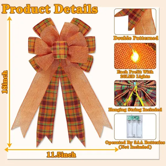 [ 2 Pack & Timer ] Prelit Fall Wreath Bows with 40 LED Lights {4}