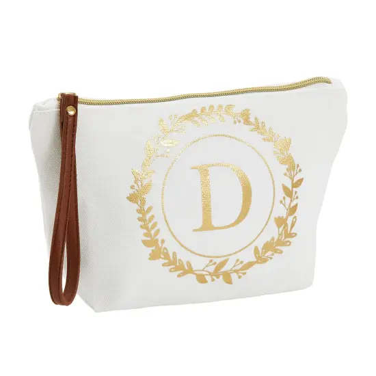 Gold Initial D Personalized Makeup Bag for Women, Monogrammed Canvas Cosmetic Pouch (White, 10 x 3 x 6 In) {1}