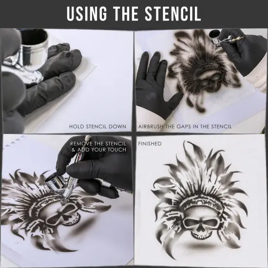 Custom Shop Airbrush Skeleton Skull Indian Chief Stencil Set (Skull Design #11 in 3 Scale Sizes) - Laser Cut Reusable Templates {3}