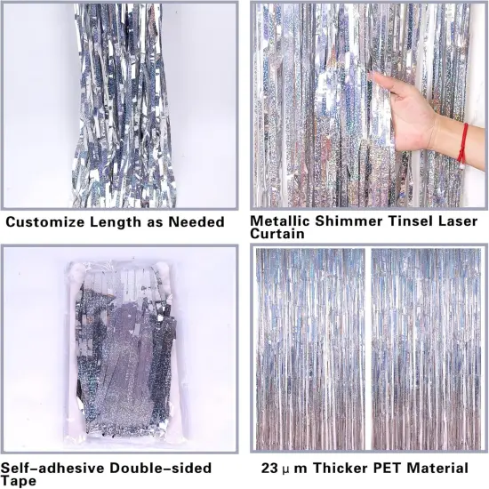 2 Pack 3.2ft x 8.2ft Silver Metallic Tinsel Foil Fringe Curtains {4}