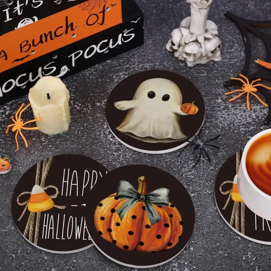 4Pcs Happy Halloween Coasters Trick or Treat Ghost Pumpkin Ceramic Coasters {5}
