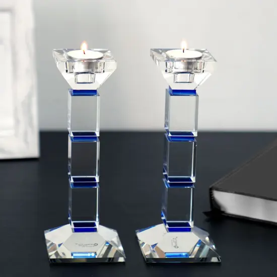 Crystal Candlesticks Square Design Set of 2 - Blue {5}