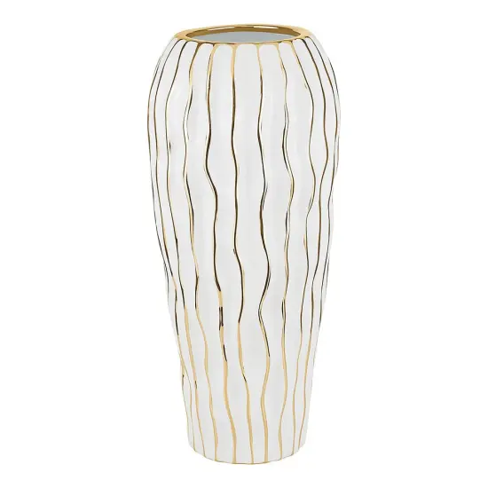 Elegant White Porcelain Vase with Gold Wavy Design By Kinor Decor {2}