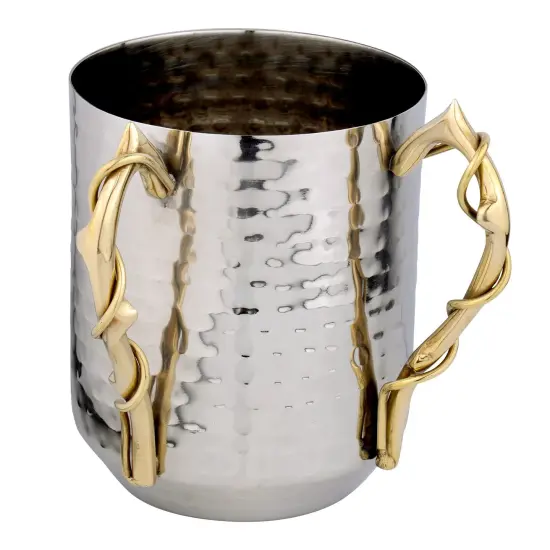 Stainless Steel Hammered Wash Cup with Intricate Handles {1}