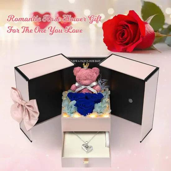 Real Rose Flower Gifts with Necklace Bear Light {2}