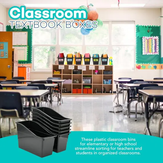 4E's Novelty 6 Pack Large Book Bin with Labels, Durable Black Book Bins for Classroom, Large Plastic Bins for Books, Sturdy Containers for Books, Versatile Classroom Textbook Boxes for Various Use {6}
