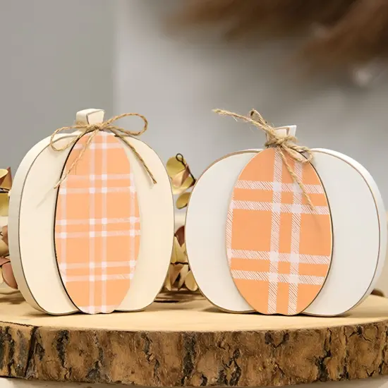 Cream & Orange Plaid Wooden Pumpkin Sitter 2 Asstd. {4}