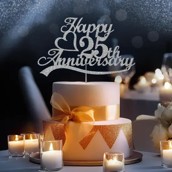 25th Anniversary Cake Topper Silver Glitter, 25 Wedding Anniversary {4}