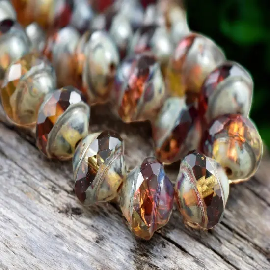 *15* 8x10mm Fuschia Amber Picasso Saturn Beads {3}