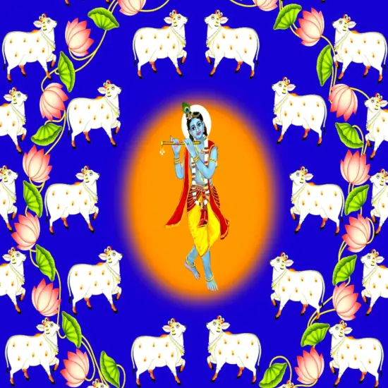 Lord Krishna Backdrop with Cow Indian Traditional Cloth Pooja Backdrop Indian Wall Art Photo Decor Banner Designer Wall Hangings Diwali Decor Wedding Housewarming Gift Green {5}