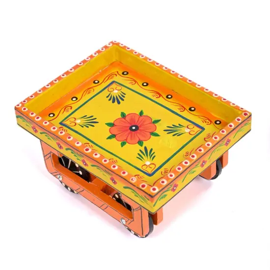 Wooden Trolley with Wheels Hand Painted Serving Tray Indian Decorative Platter for Snack Tea Home Kitchen Restaurant Table Decor Great Gift Idea {5}