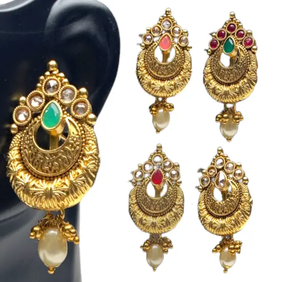 Indian Ethnic Earrings for Women - Traditional South Indian Stud Earrings Gold Plated Vibhati Jhumkas Faux Kundan Dangle Drop Earrings in Gold Tone Ear Jewelry for Bride | Gift for Her PINK {4}