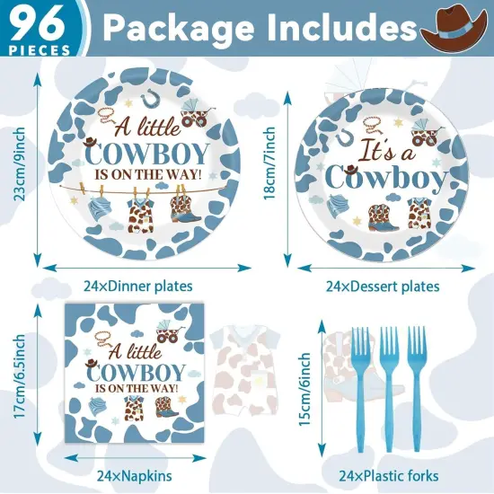 96 Pcs Western Cowboy Baby Shower Tableware Set for 24 Guests {2}