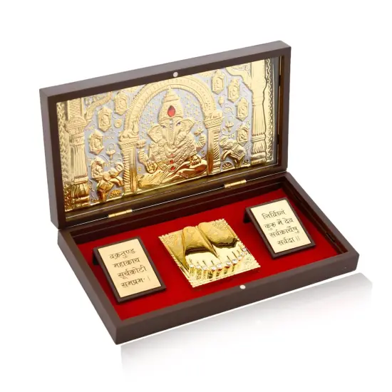 Large Gold Plated Ganesha Photo Frame with Charan Paduka & Mantra for Diwali Housewarming Indian Wedding Return Gift Worship Pooja Room Decor Hindu Religious Devotional Paduka Prayer Box {7}
